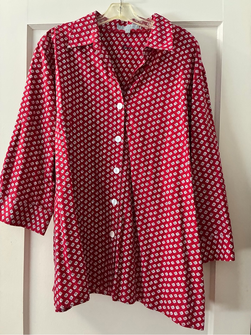Foxcroft Red Button-Front Blouse with White Geo Print